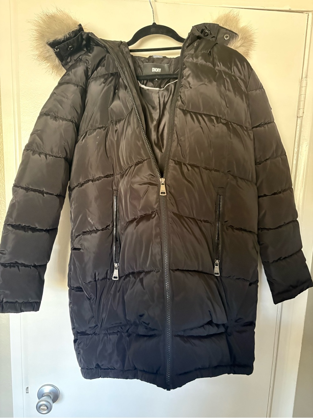 DKNY Black Quilted Puffer Coat with Faux Fur Trim Hood